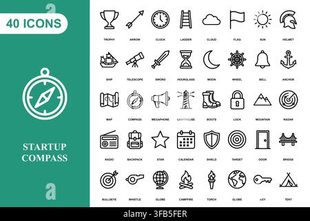 A collection of forty thin line icons featuring travel, adventure, and exploration symbols for modern design projects. Stock Vector