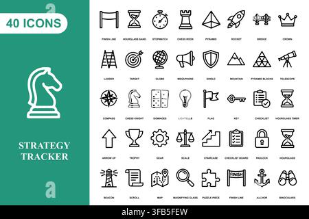 A collection of forty professional line art icons for business strategy, planning, and management concepts. Stock Vector