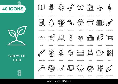 A comprehensive collection of forty linear icons representing gardening, farming, and nature growth concepts. Stock Vector