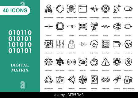 A collection of forty outline icons representing digital technology, cybersecurity, and computing concepts. Stock Vector