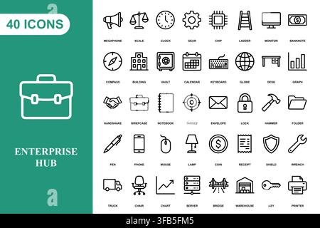 A comprehensive collection of forty professional business and office line art icons for corporate projects. Stock Vector
