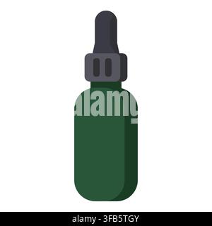 Dropper bottle icon showing a dark green glass container with a black pipette cap, ideal for beauty, health, and cosmetic designs Stock Vector