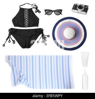 Beach items and vintage camera isolated on white, set Stock Photo