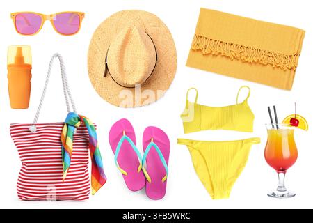 Beach items and refreshing cocktail isolated on white, collection Stock Photo