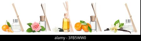 Set of home fragrances. Aromatic reed air fresheners, citrus fruits and different flowers isolated on white Stock Photo