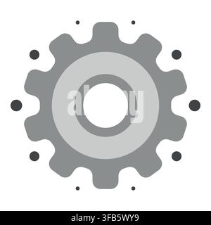 Gray gear icon with dark dots around it, symbolizing settings, mechanics, industrial processes, and digital configuration Stock Vector