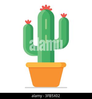 Green succulent plant with three red flowers growing in an orange planter, a simple botanical illustration on white Stock Vector