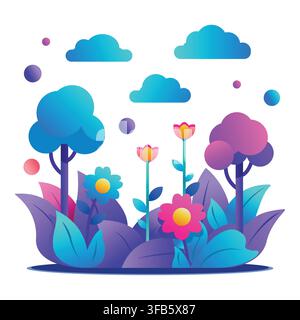 Stylized nature illustration showcasing a lively garden with lush foliage, blossoming plants, and whimsical elements under a bright sky Stock Vector