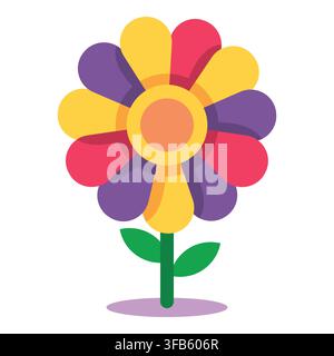 Colorful flower icon featuring yellow, red, and purple petals with a yellow and orange center, green stem and leaves Stock Vector