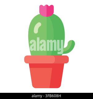 Cactus houseplant with a pink flower blooming in a red pot, presenting a simple and modern flat design Stock Vector