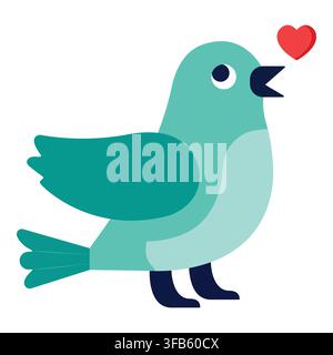 Cute cartoon bird singing a love song, tweeting with a red heart icon above its open beak, expressing romance and spring feelings Stock Vector
