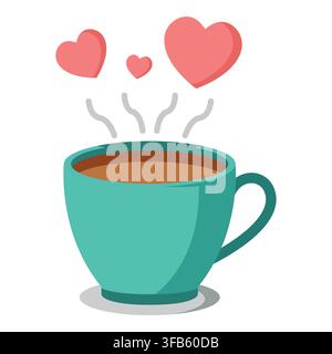 Teal coffee mug filled with a steaming hot drink, the steam swirling into heart shapes, evoking feelings of warmth, affection, and a serene morning ex Stock Vector