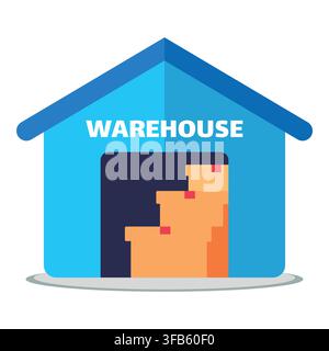 Warehouse interior with stacked cardboard boxes and pallets, icon-style illustration representing storage, inventory, and supply chain management Stock Vector