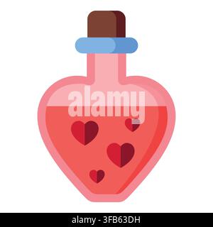 Heart shaped bottle containing a pink love potion with floating red heart symbols, representing romance and valentine's day Stock Vector