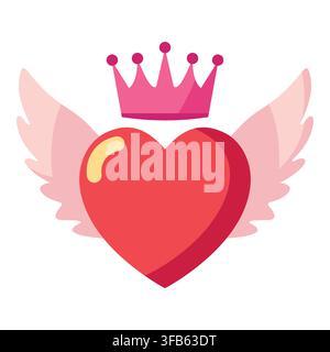Red heart with wings and a royal crown, symbolizing romantic, regal love and affection for valentine’s, wedding or royal themes Stock Vector