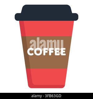 Red disposable paper cup with a brown sleeve featuring the word coffee, representing a hot morning drink and quick energy Stock Vector