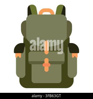 Green backpack icon symbolizing travel, camping, and hiking gear for outdoor adventures and exploring nature Stock Vector
