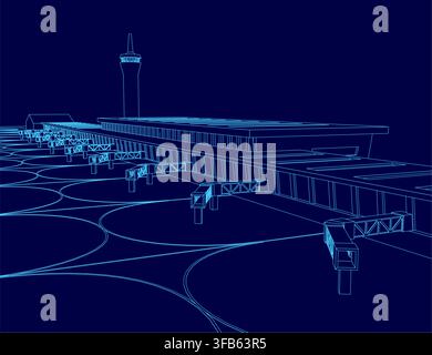 Architectural blueprint of a modern airport terminal, featuring a prominent control tower contour against a deep blue background. Stock Vector
