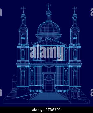 A wireframe blueprint of Assumption cathedral, featuring its iconic dome, is presented on a dark blue background for architectural or religious concep Stock Vector