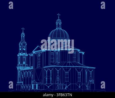 A wireframe blueprint of a cathedral with a central dome, representing the Assumption, is displayed on a dark blue technical background. Stock Vector