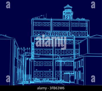 An abandoned factory blueprint features a clock tower contour, illuminated by street lights amid poles and wires under a deep blue sky. Stock Vector