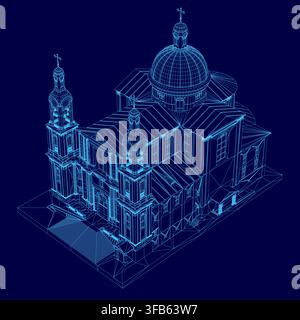 A 3D wireframe model of the Assumption Cathedral, featuring its iconic central dome and detailed architectural blueprint against a solid blue backgrou Stock Vector