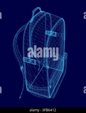 A 3D wireframe model of a backpack set, rendered with realistic detail on a solid blue background for clean presentation. Stock Vector