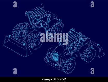 Blueprint illustration of two wheel loaders with detailed mechanical contours and front buckets. This technical set is isolated on a solid blue backgr Stock Vector