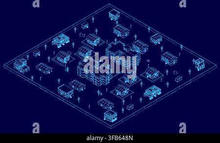 Architectural blueprint of a city house layout, featuring detailed building contours and surrounding streets on a solid blue background. Isometric vie Stock Vector