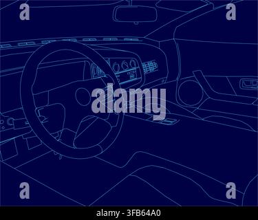Blue line contour drawing of a car interior, featuring a steering wheel, speedometer, and dashboard controls. Stock Vector