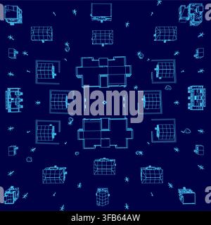 A blueprint of a city house with streets in contour lines features a grid of diverse solar panels on a contrasting blue background. Top view Stock Vector