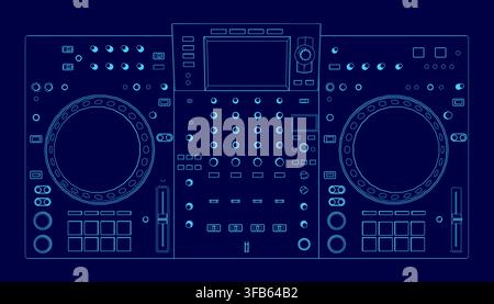A detailed blueprint of a DJ controller console, highlighting its electronic components and contour lines on a solid blue technical background. Stock Vector