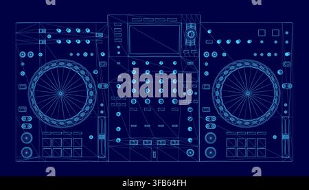 A detailed blueprint or wireframe of a DJ controller on a solid blue background highlights the electronic device's layout and components. Stock Vector