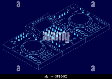 A blueprint of a DJ controller on a blue background outlines the essential console contour and layout for beginners. Isometric view Stock Vector