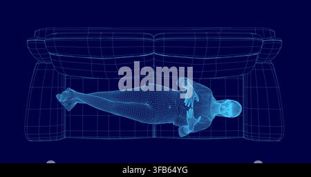 A 3D wireframe model of a girl lying relaxed on a sofa with her limbs spread out. The figure rests on the couch against a solid blue background. Stock Vector