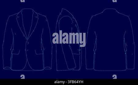Three formal men's blazers in a minimalist line drawing set against a deep blue background. Front, side and back view. Stock Vector