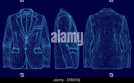 Three men's formal blazer wireframes are displayed on a blue background. The detailed central 3D model features a collar, buttons, and pockets, flanke Stock Vector