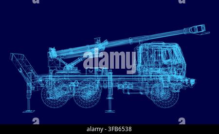 A military rocket launcher truck blueprint, depicted as a detailed wireframe model on a dark blue background. Stock Vector
