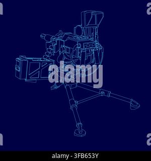 A modern targeting machine with heavy, gun-like aesthetics features a blue line drawing of a camera on a tripod against a dark background. Stock Vector