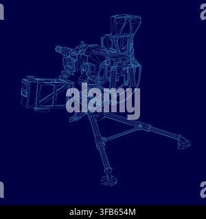 A modern heavy machine blueprint features intricate lines and curves for a realistic 3D model of a rover on a solid blue background. Stock Vector