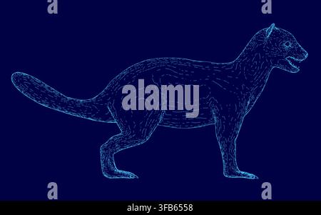 A realistic wireframe mongoose contour on a solid blue background. The detailed animal illustration features visible fur texture and anatomical featur Stock Vector