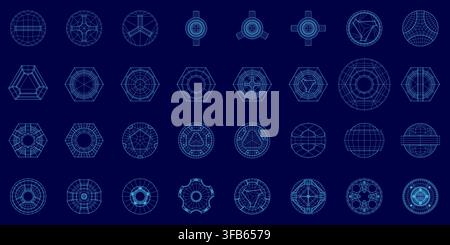 Technical blueprints of nuts and screws are arranged in a geometric grid on a dark blue background. Each hard surface fastener has a unique mechanical Stock Vector