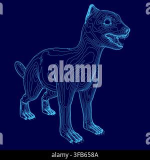 A mongoose animal contour drawing in blue line art stands on a dark blue textured background. Stock Vector