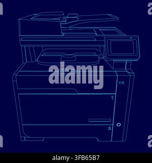 Blueprint of a multifunction office printer with detailed internal components and external contours on a solid blue background. Stock Vector