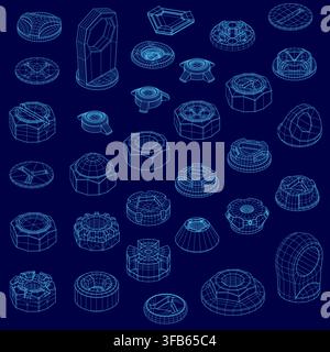 A grid of realistic 3D hardware fasteners, including nuts and screws, sits on a hard blue surface. The rendered objects are arranged in a precise geom Stock Vector