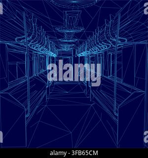A 3D wireframe model of a subway train interior reveals detailed seats, poles, and ceiling structure against a blue background. Stock Vector