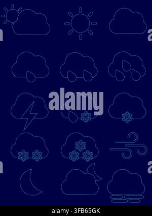 A set of weather icons in simple contour style on a blue background, featuring a sun, cloud, raindrop, lightning bolt, and moon. Stock Vector