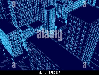 A nighttime city blueprint reveals illuminated skyscrapers, street lights, and tree-lined contours. Stock Vector