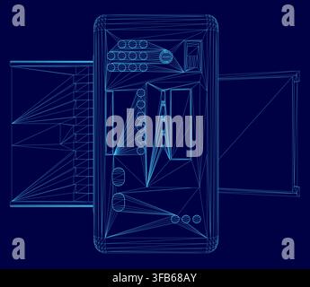A detailed 3D wireframe model of a desktop printer blueprint from a top-down perspective, isolated on a solid blue background for technical or marketi Stock Vector