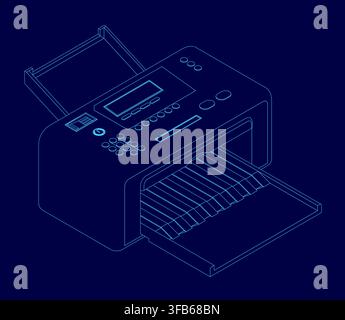 A sleek blue inkjet printer with a glossy finish and detailed control panel stands out against a solid blue contour background. Stock Vector